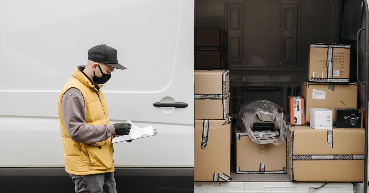 Delivery person in mask organizing cardboard packages into a van, ensuring efficient logistics.